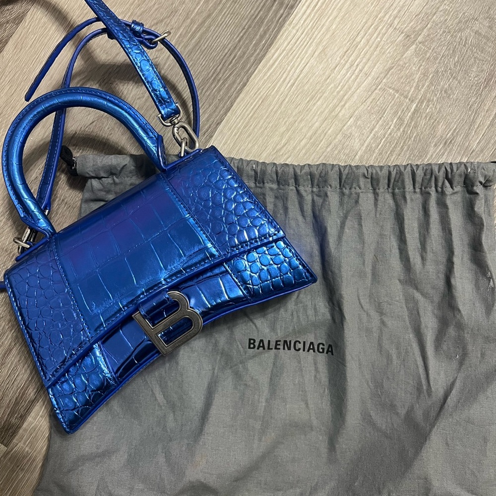 Balenciaga Blue Hourglass XS Croc-Embossed Handbag - Picture 5 of 10